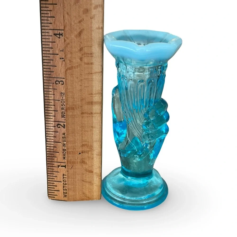 Vintage Fenton Blue Opalescent Miniature Hand Vase 4”